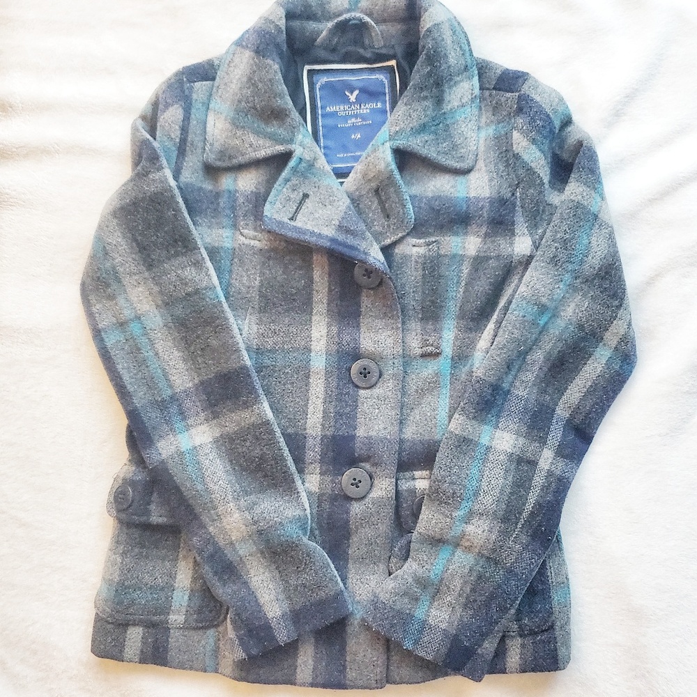 American Eagle Blue and Gray Plaid Pea Coat Sz S